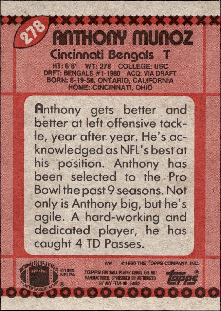 1990 Topps Anthony Munoz #278 football trading card back
