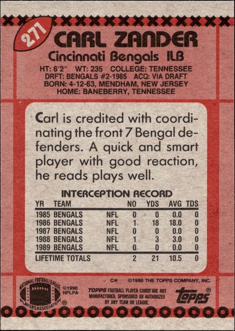 1990 Topps Carl Zander #271 football trading card back