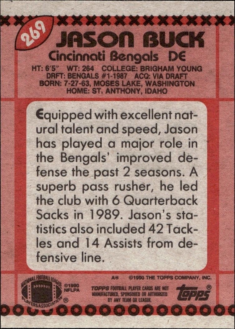 1990 Topps Jason Buck #269 football trading card back