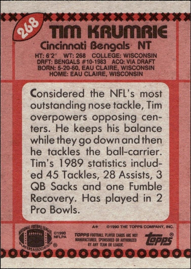 1990 Topps Tim Krumrie #268 football trading card back