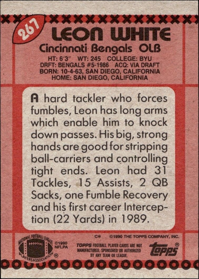 1990 Topps Leon White #267 football trading card back