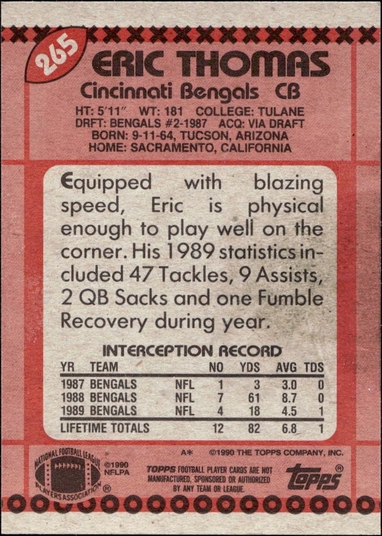 1990 Topps Eric Thomas #265 football trading card back