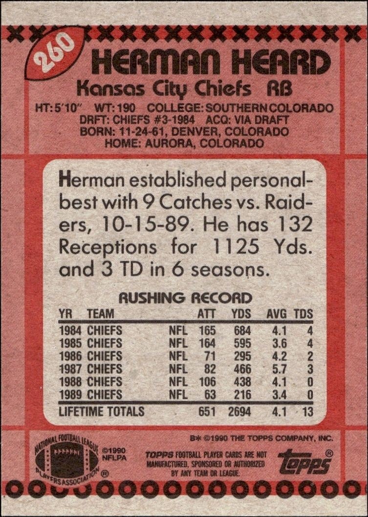 1990 Topps Herman Heard #260 football trading card back