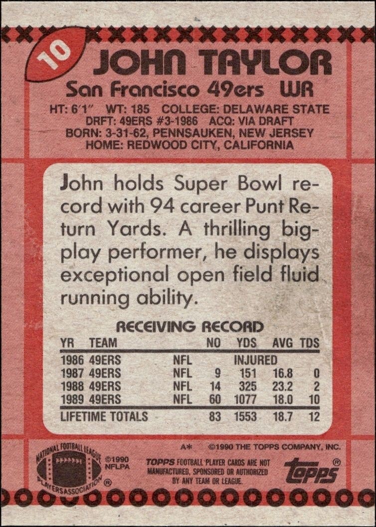 1990 Topps John Taylor #10 football trading card back