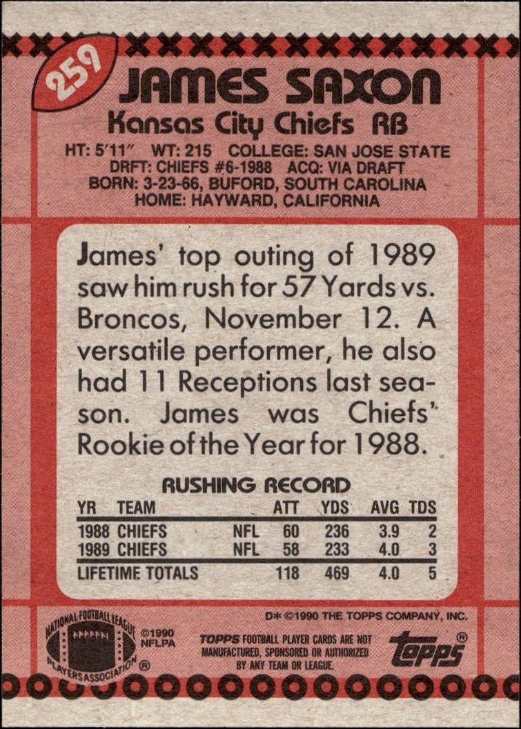 1990 Topps James Saxon #259 football trading card back
