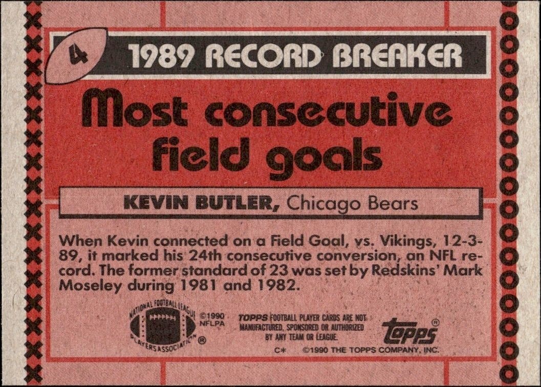 1990 Topps Kevin Butler #4 football trading card back