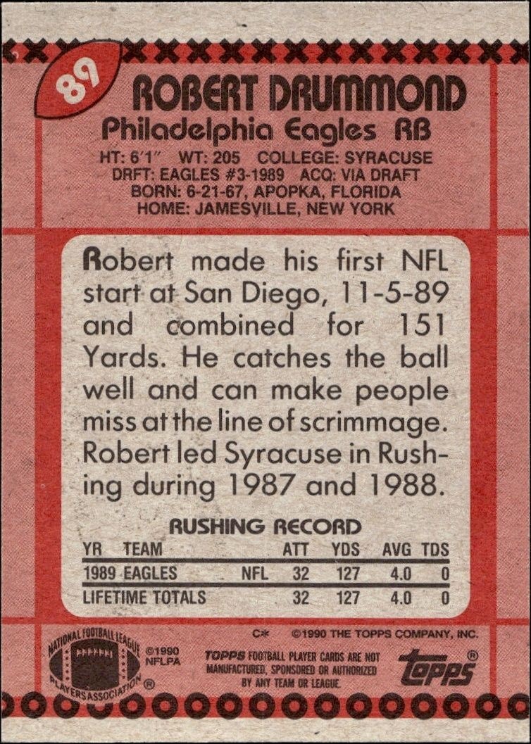 1990 Topps Robert Drummond #89 football trading card back