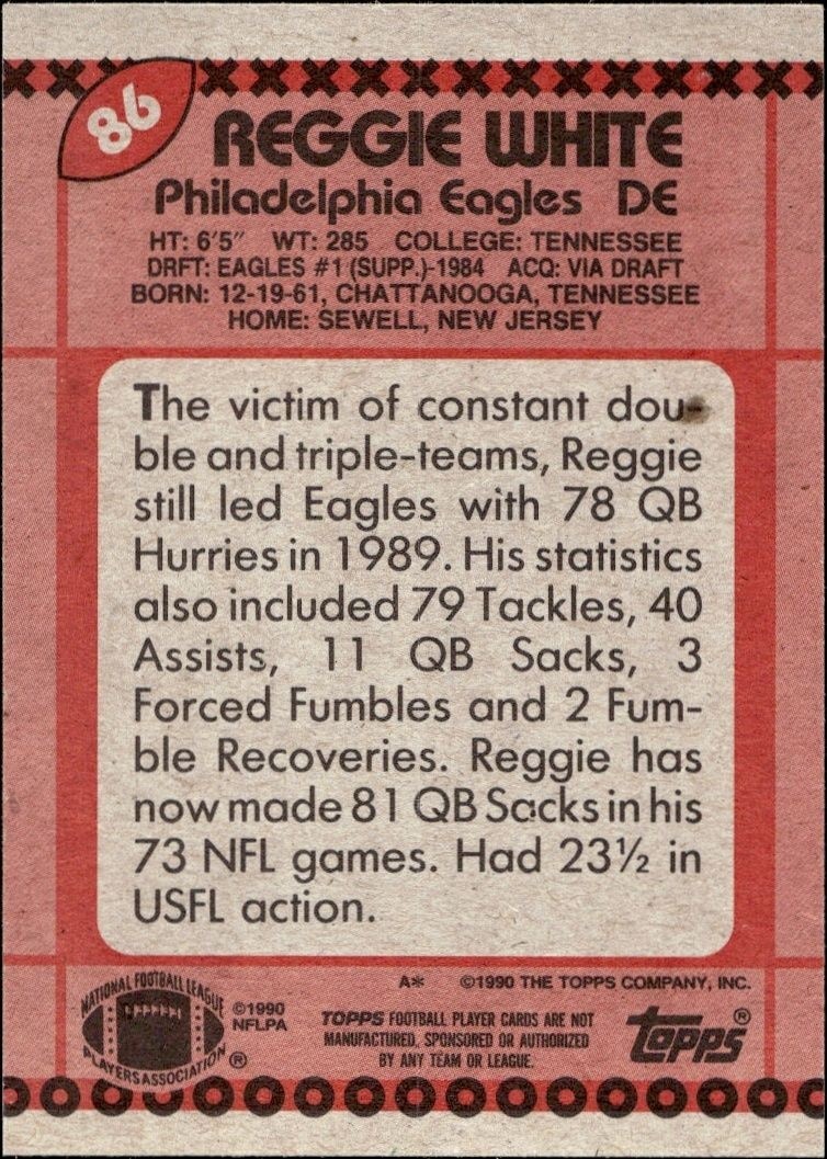 1990 Topps Reggie White #86 football trading card back