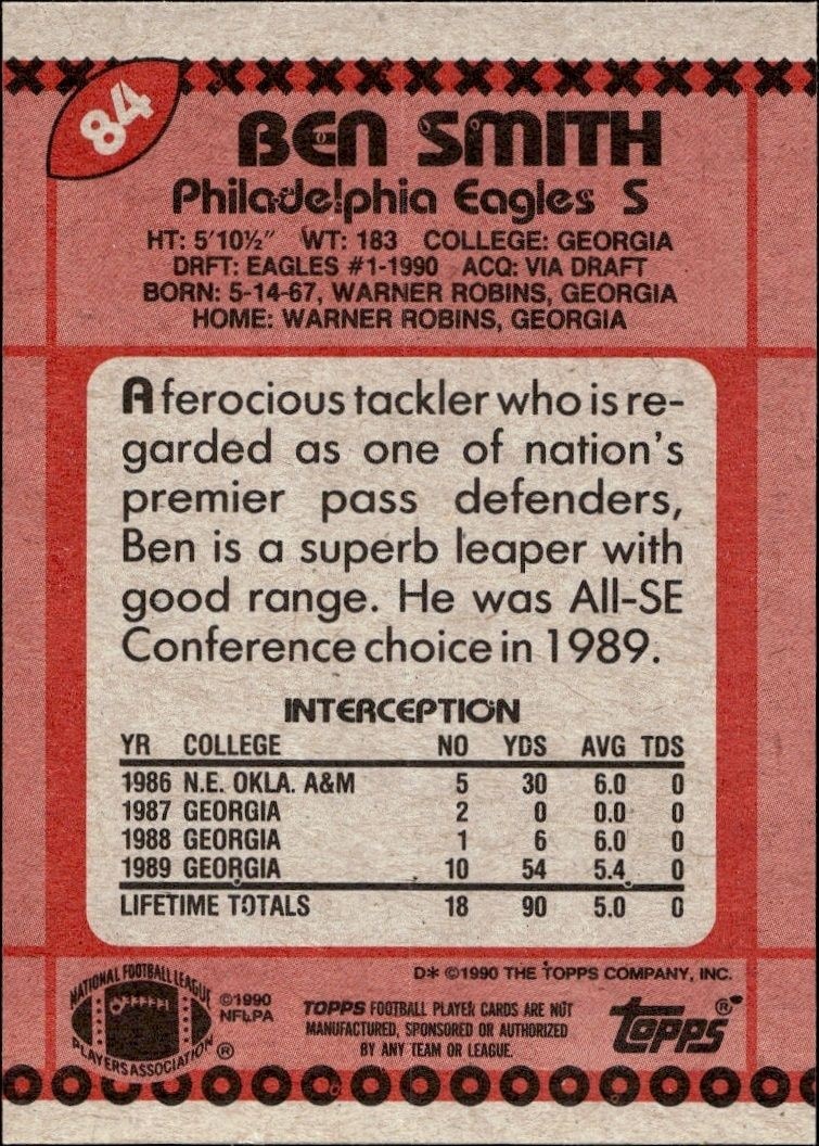 1990 Topps Ben Smith #84 football trading card back