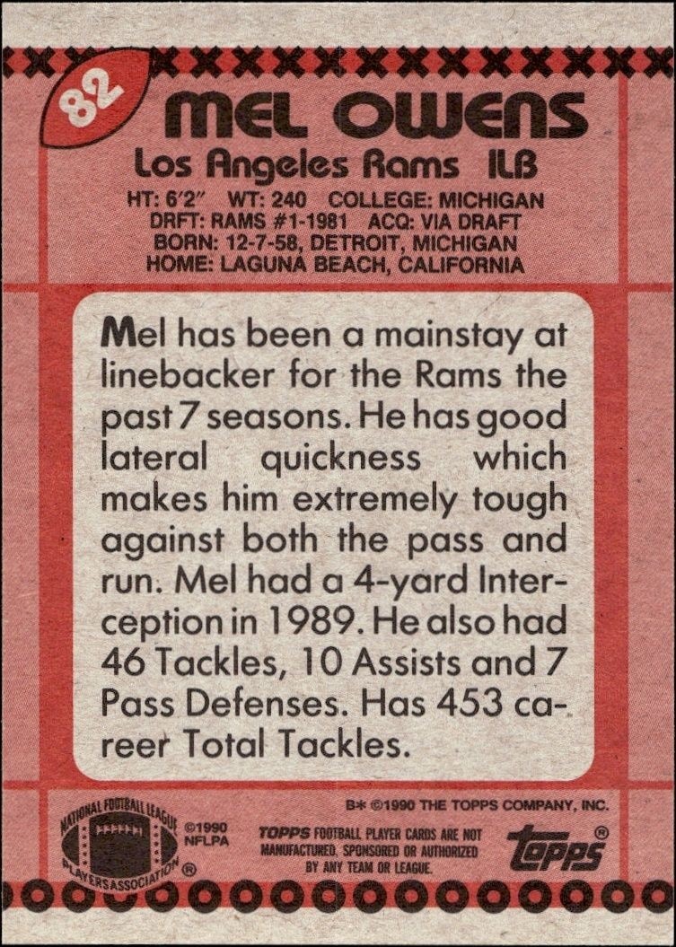 1990 Topps Mel Owens #82 football trading card back