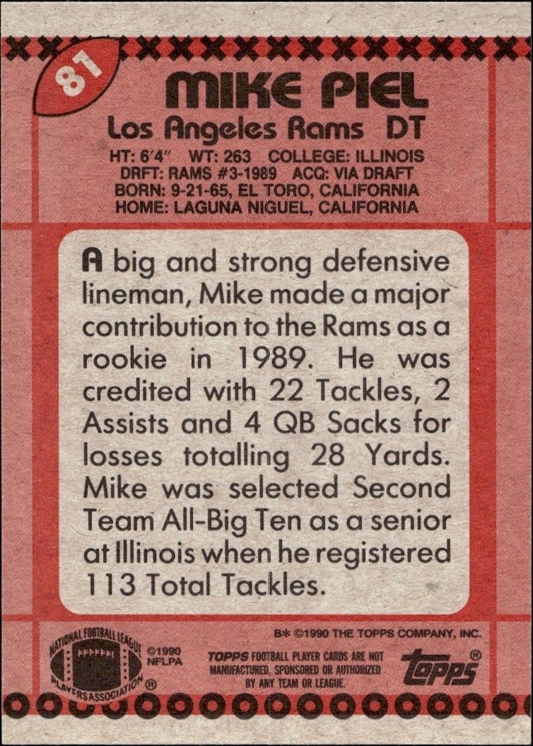 1990 Topps Mike Piel #81 football trading card back