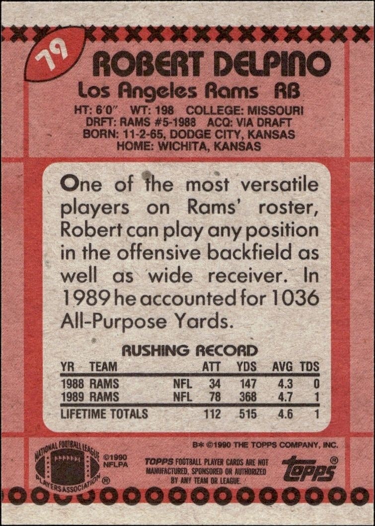 1990 Topps Robert Delpino #79 football trading card back