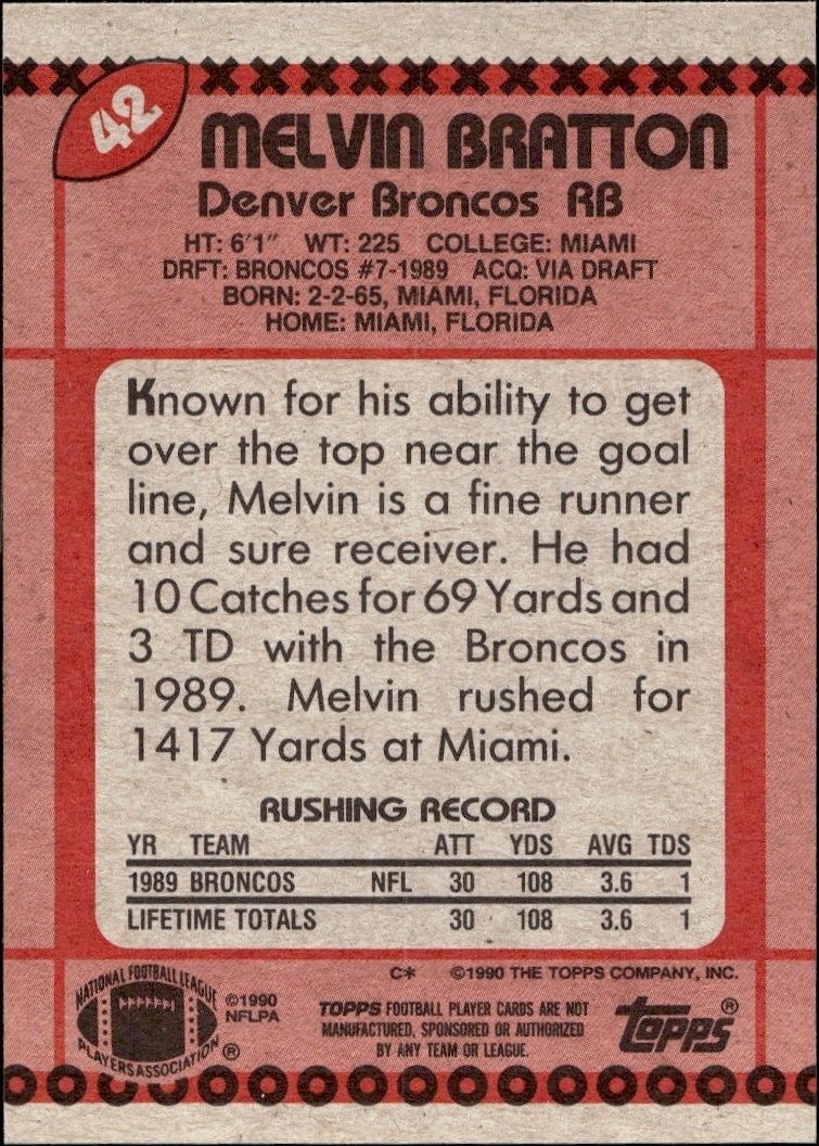 1990 Topps Melvin Bratton #42 football trading card back