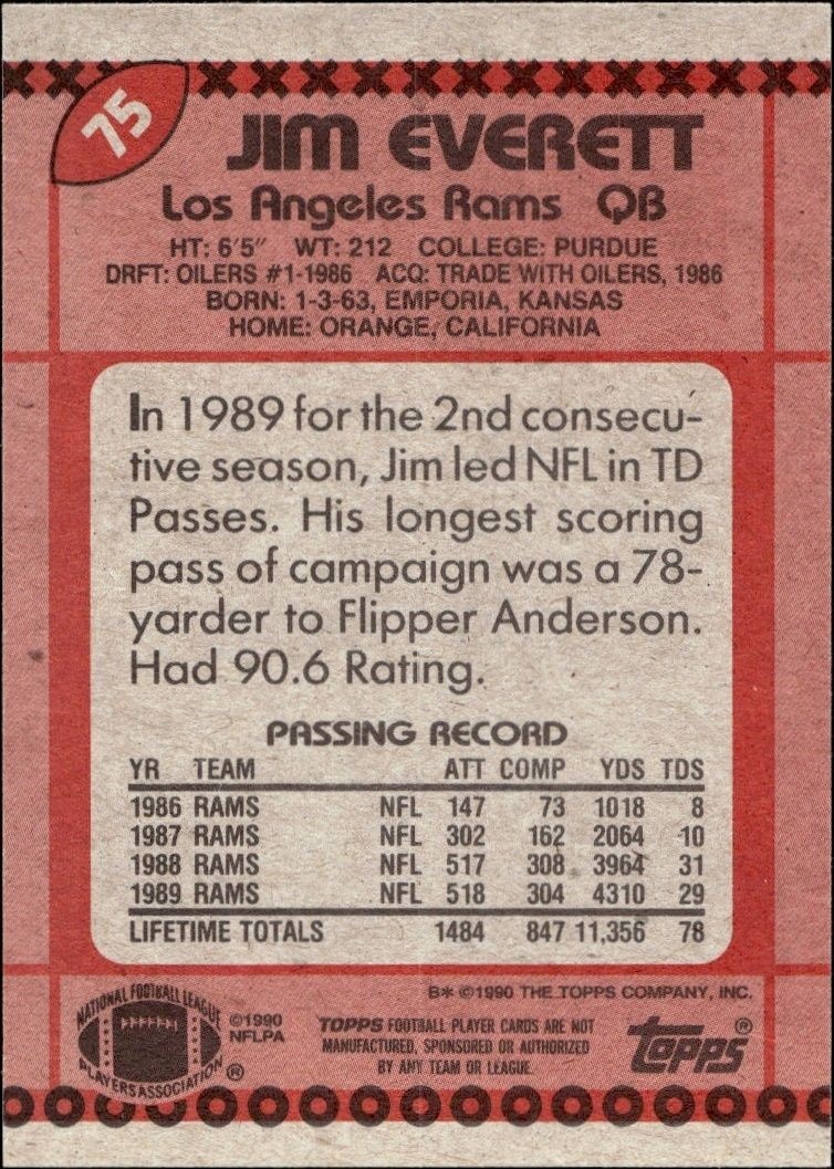 1990 Topps Jim Everett #75 football trading card back