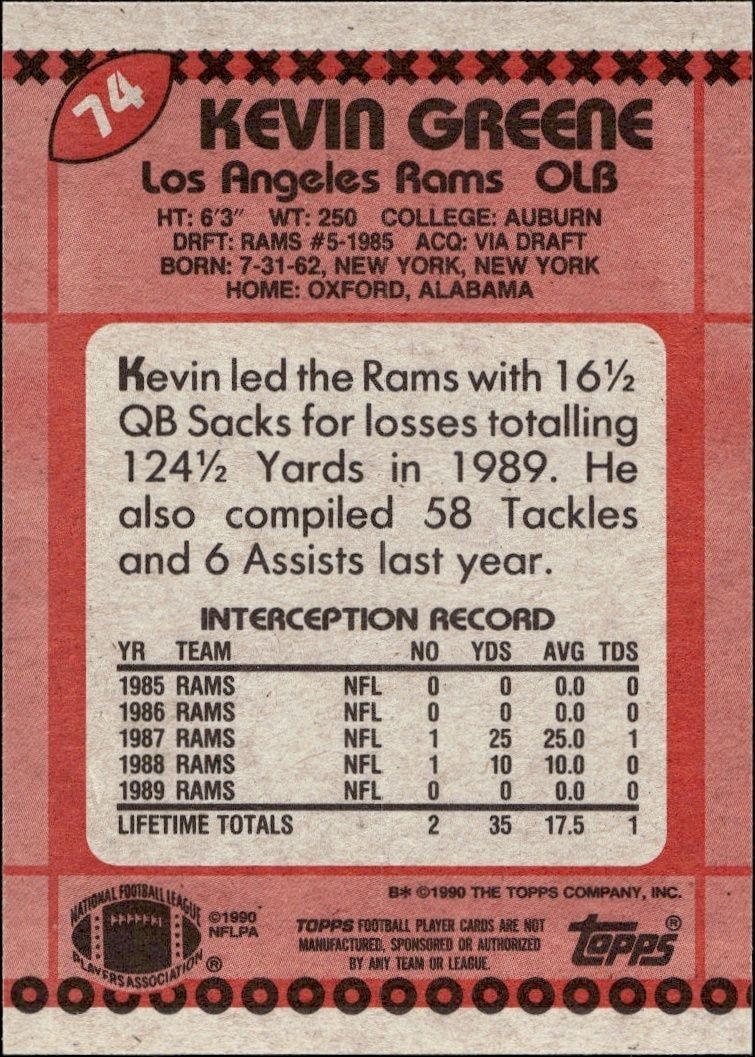 1990 Topps Kevin Greene #74 football trading card back