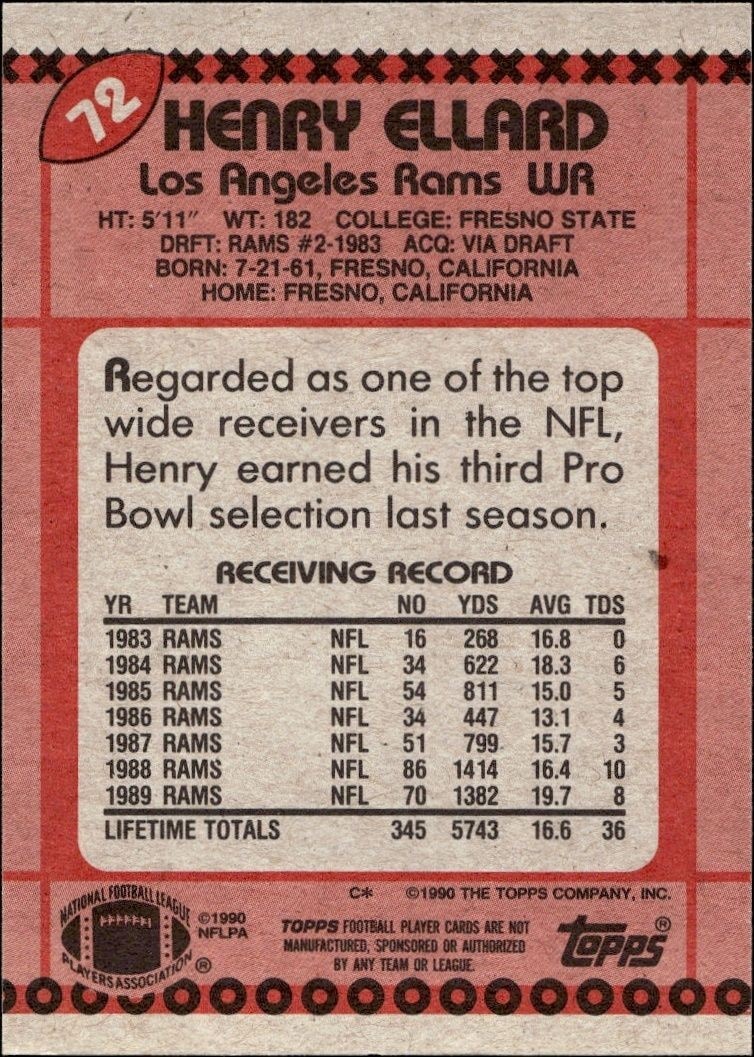 1990 Topps Henry Ellard #72 football trading card back