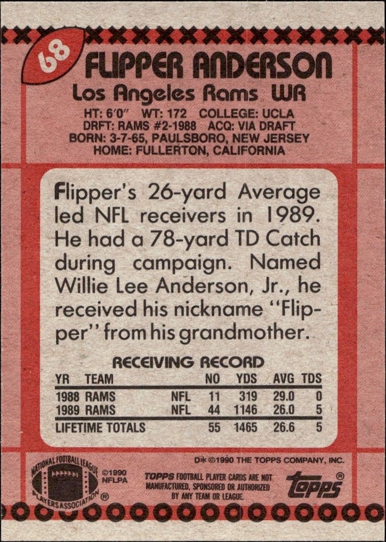 1990 Topps Flipper Anderson #68 football trading card back
