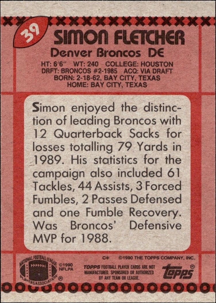 1990 Topps Simon Fletcher #39 football trading card back