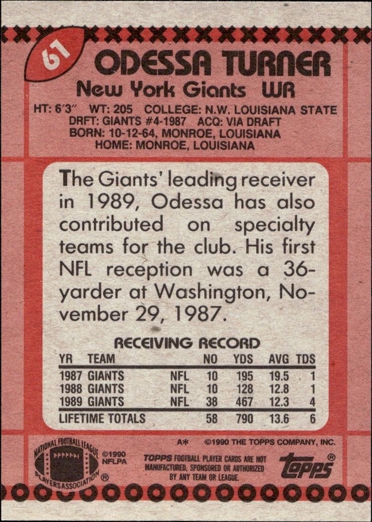 1990 Topps Odessa Turner #61 football trading card back