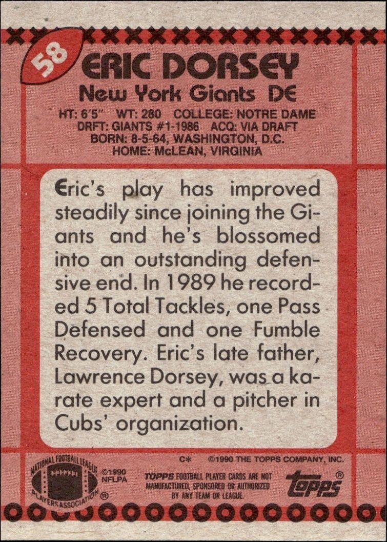 1990 Topps Eric Dorsey #58 football trading card back