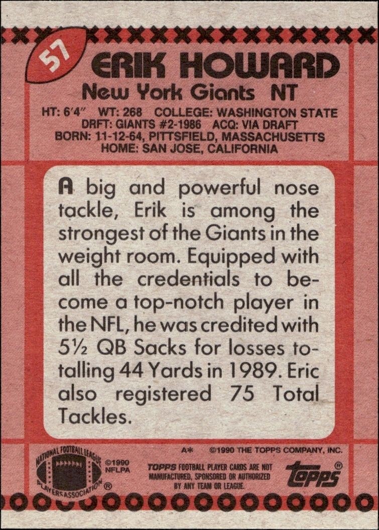 1990 Topps Erik Howard #57 football trading card back