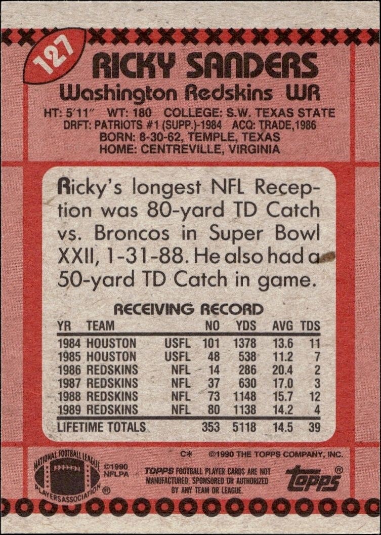 1990 Topps Ricky Sanders #127 football trading card back