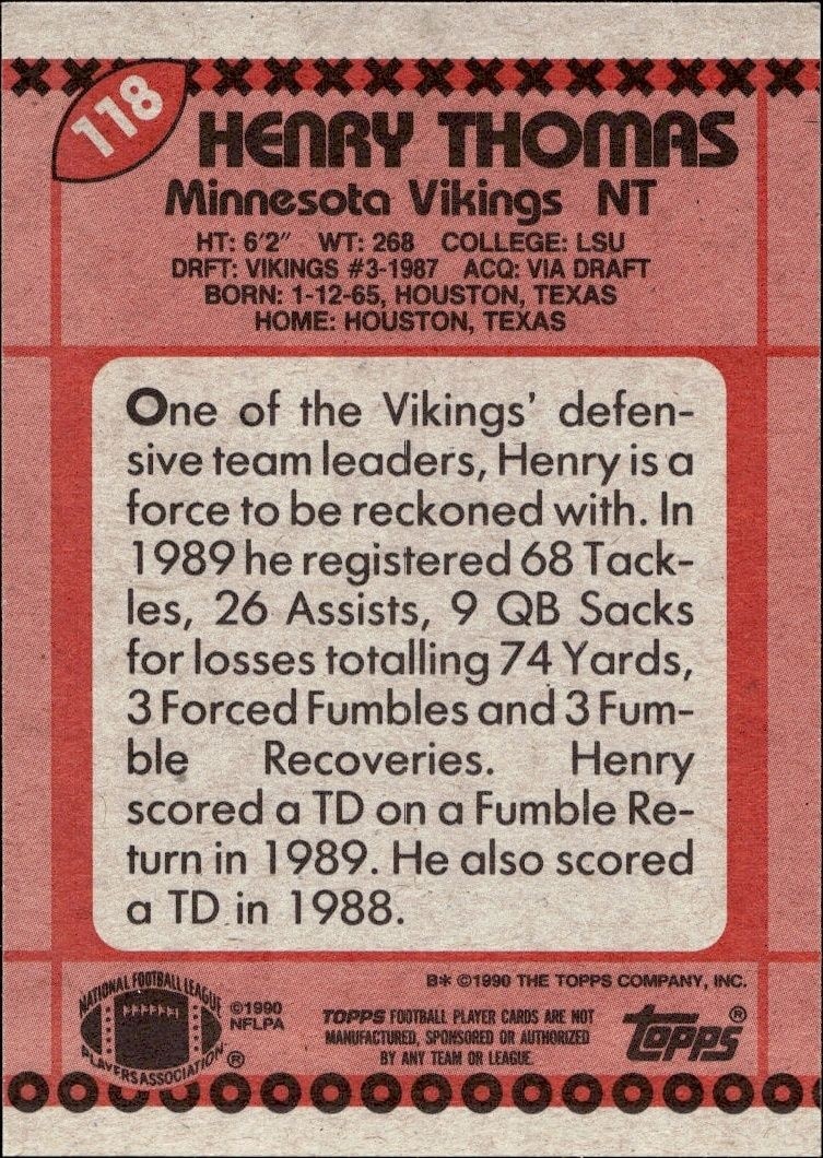 1990 Topps Henry Thomas #118 football trading card back