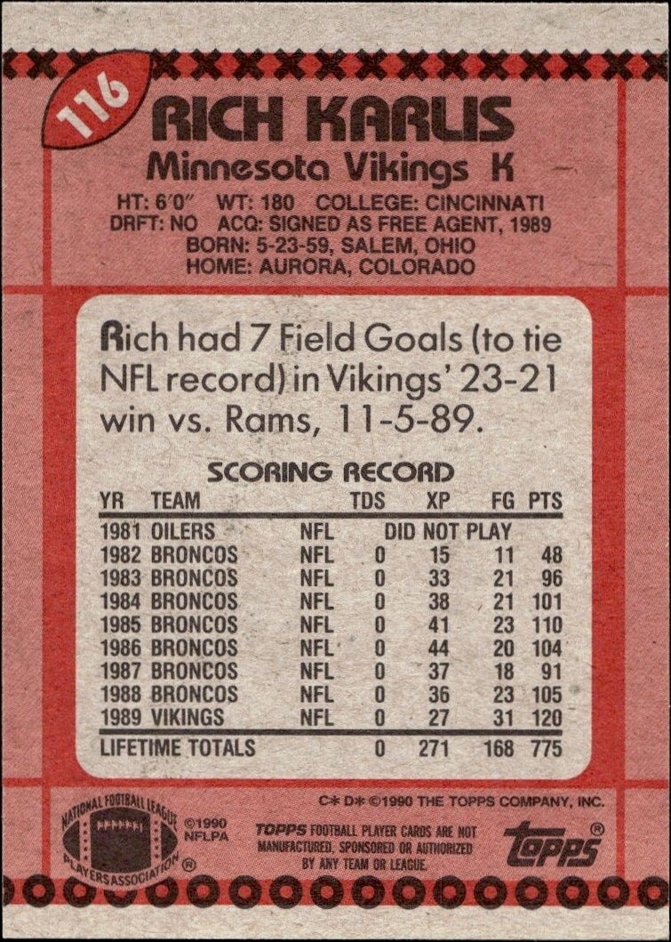 1990 Topps Rich Karlis #116 football trading card back