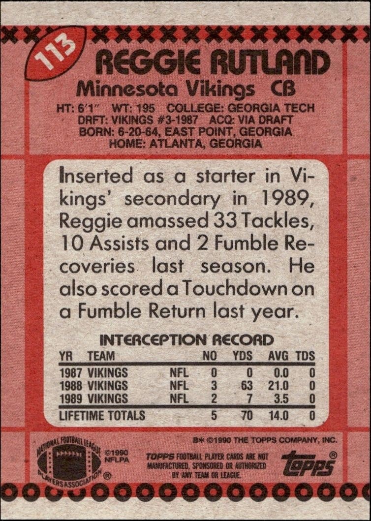 1990 Topps Reggie Rutland #113 football trading card back