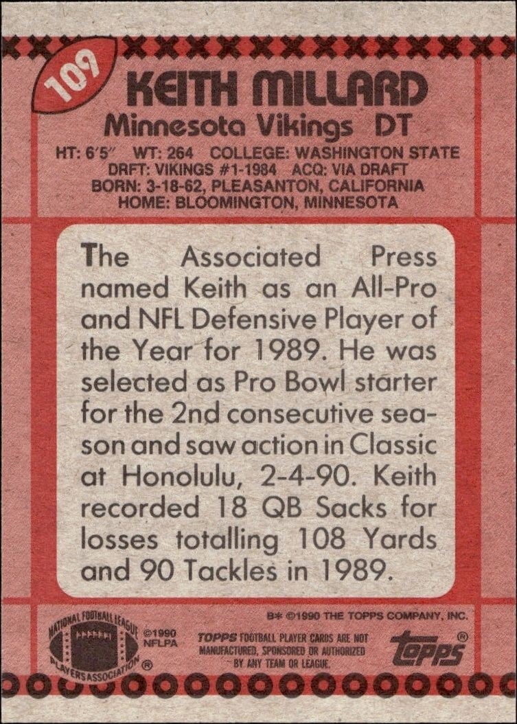 1990 Topps Keith Millard #109 football trading card back