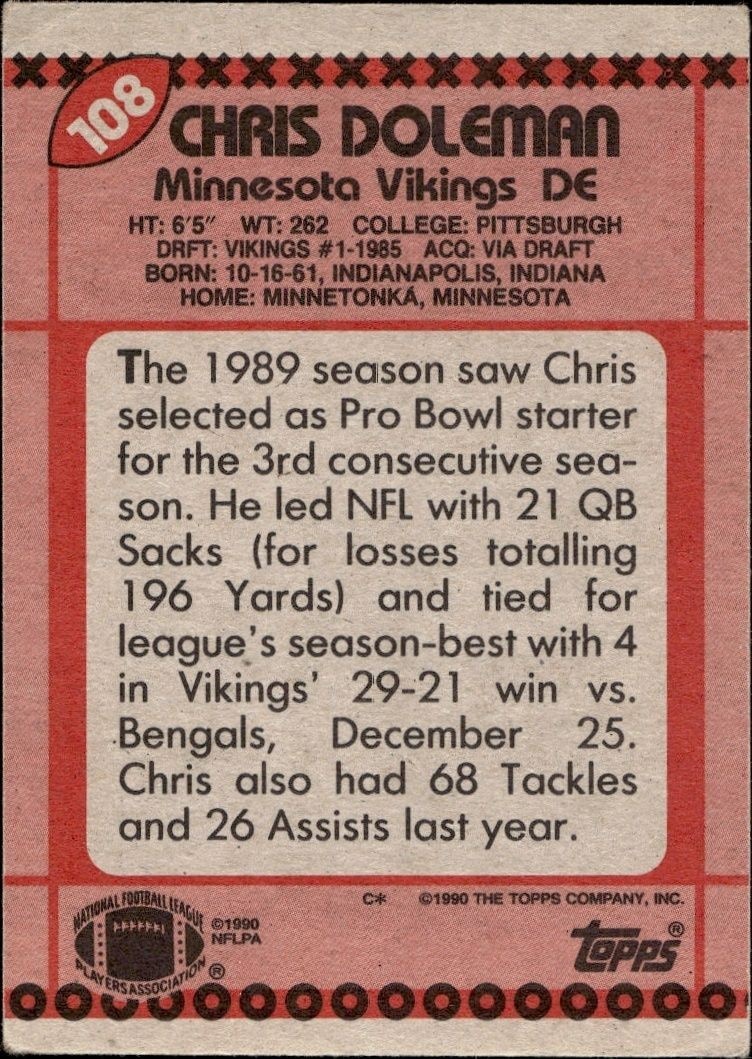 1990 Topps Chris Doleman #108 football trading card back
