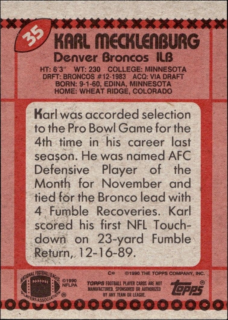 1990 Topps Karl Mecklenburg #35 football trading card back