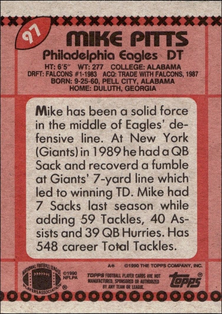 1990 Topps Mike Pitts #97 football trading card back
