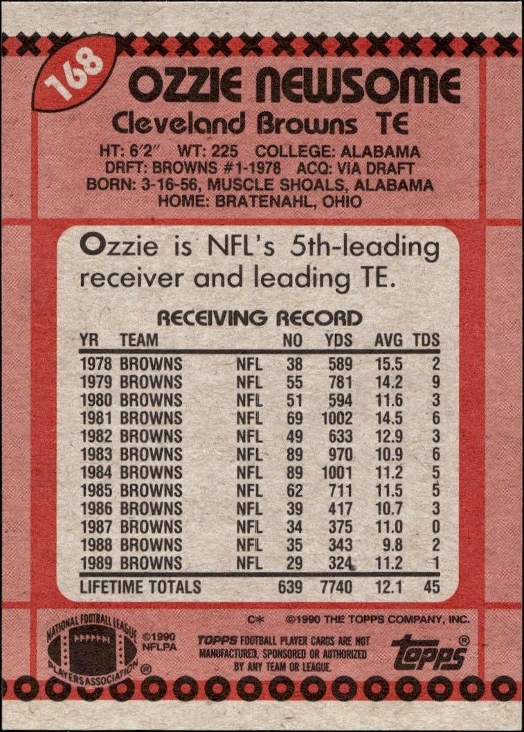 1990 Topps Ozzie Newsome #168 football trading card back