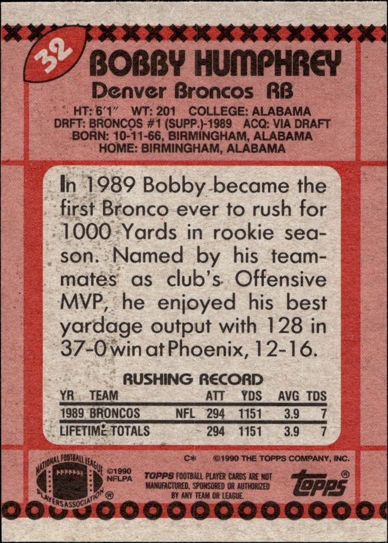 1990 Topps Bobby Humphrey #32 football trading card back