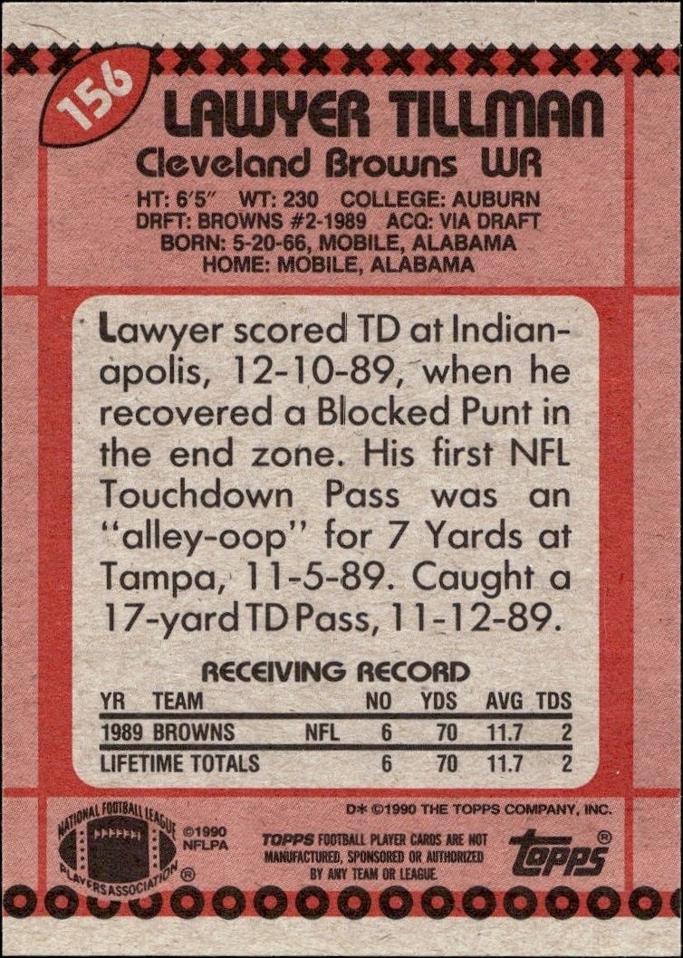 1990 Topps Lawyer Tillman #156 football trading card back