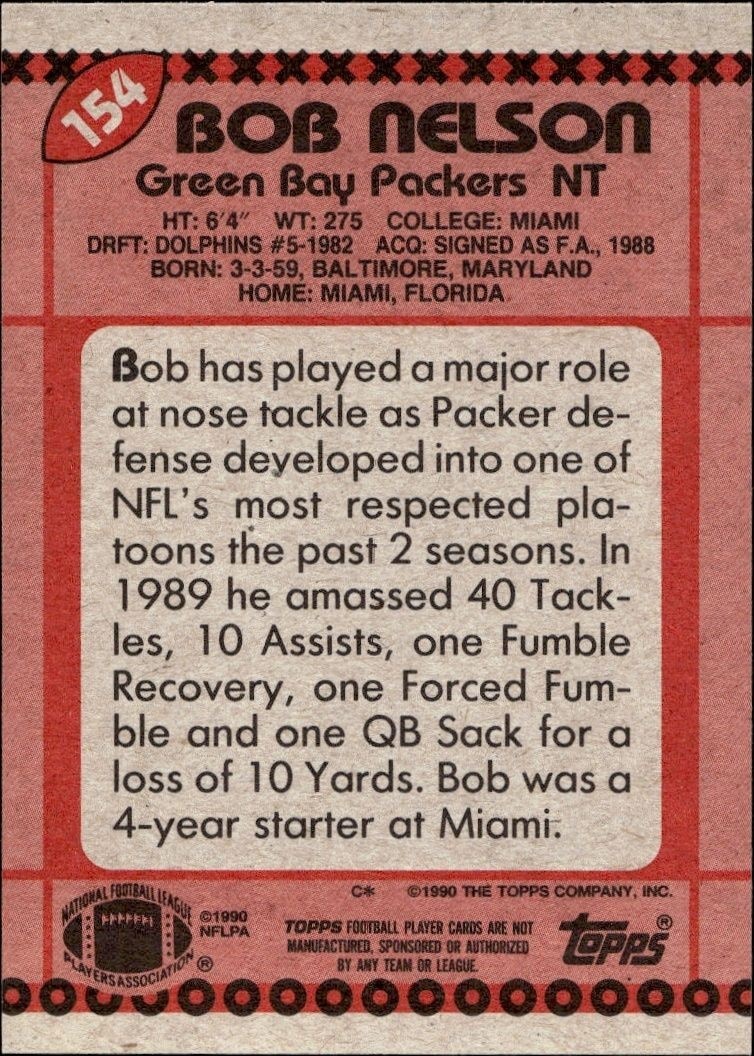 1990 Topps Bob Nelson #154 football trading card back