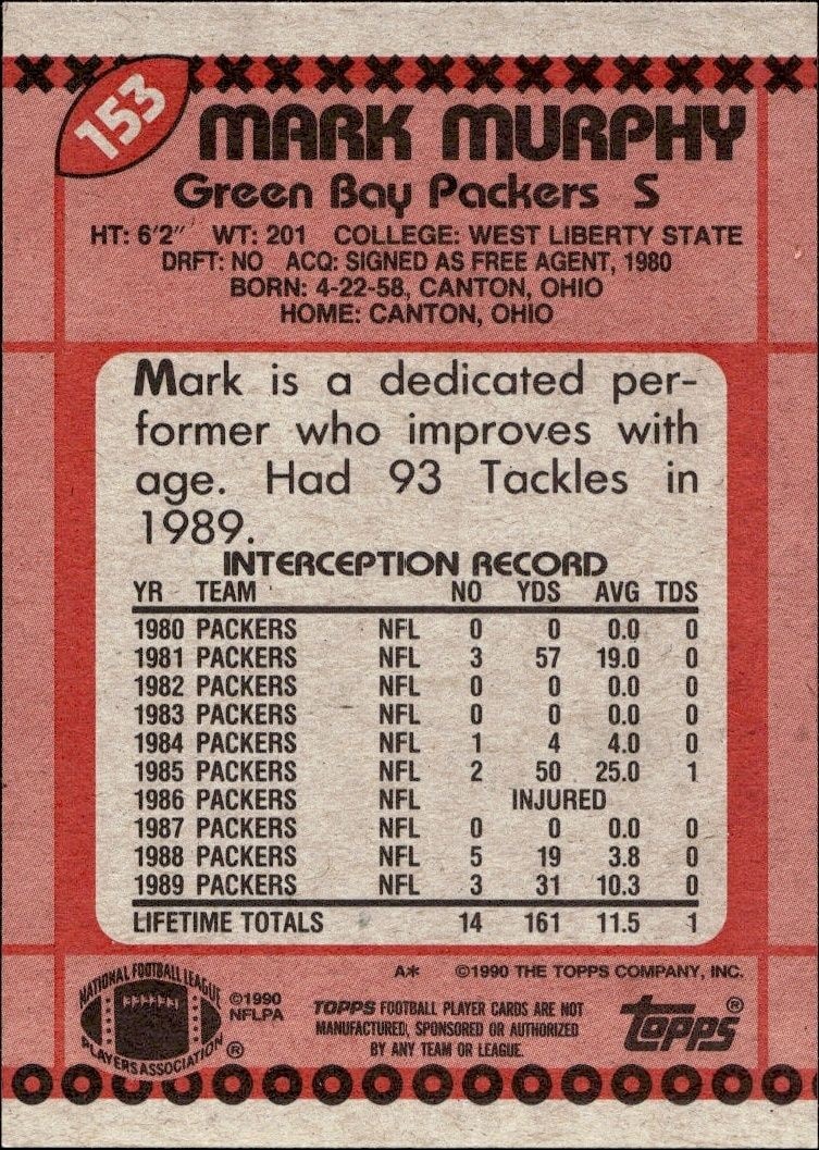 1990 Topps Mark Murphy #153 football trading card back