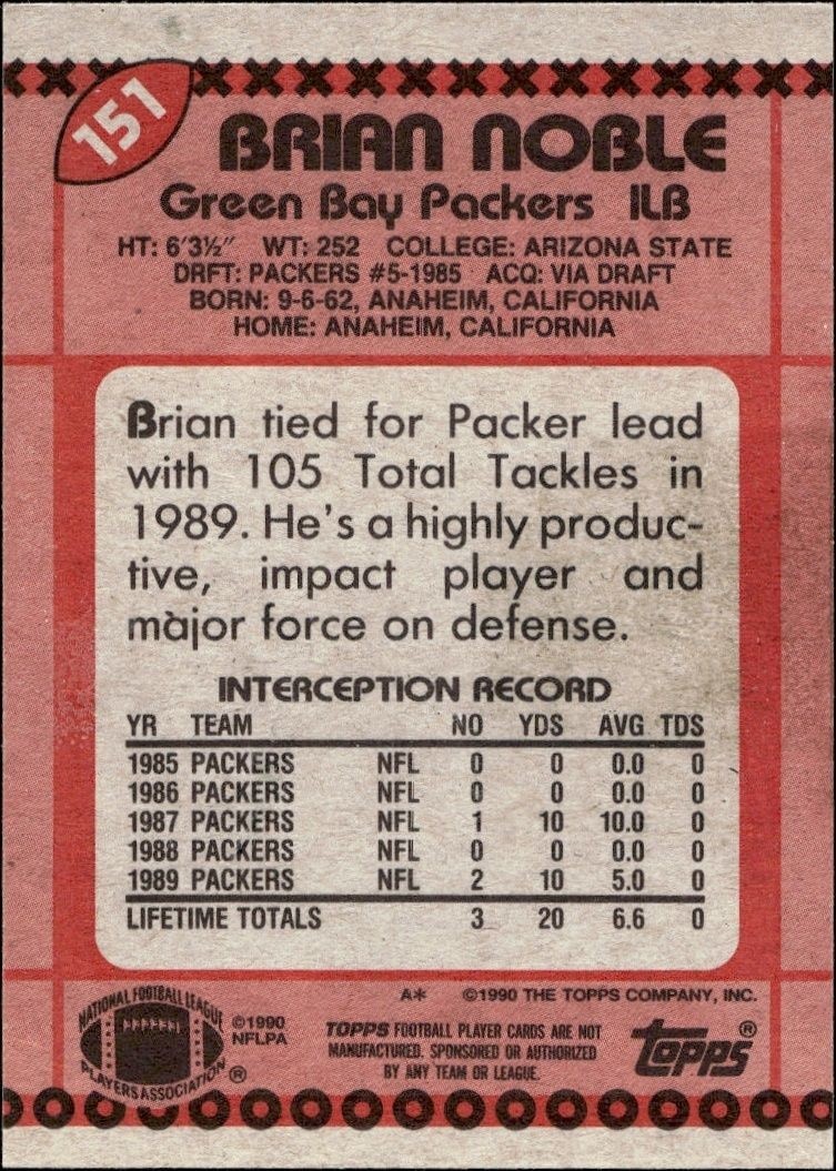 1990 Topps Brian Noble #151 football trading card back