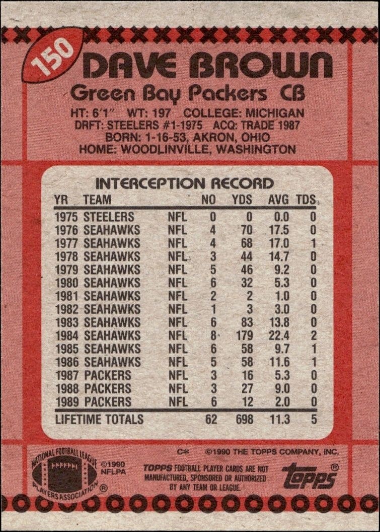 1990 Topps Dave Brown #150 football trading card back