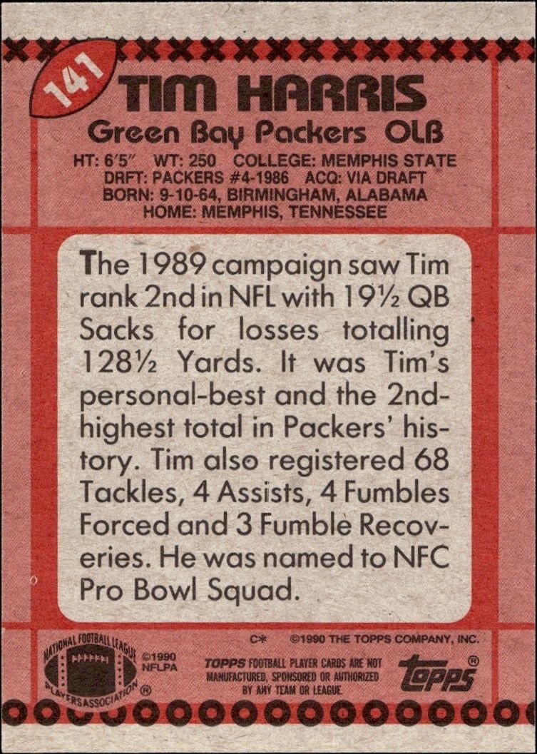 1990 Topps Tim Harris #141 football trading card back