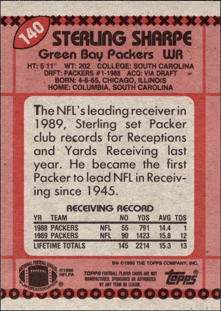 1990 Topps Sterling Sharpe #140 football trading card back