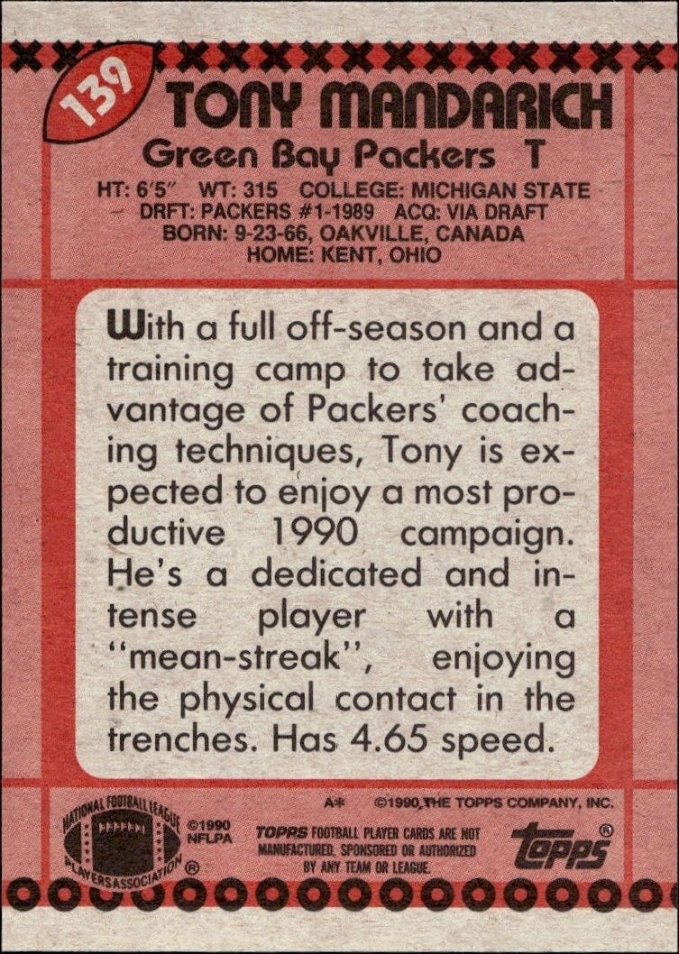 1990 Topps Tony Mandarich #139 football trading card back