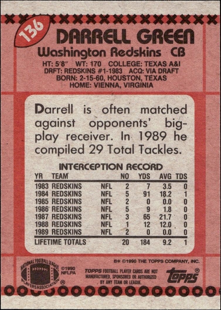 1990 Topps Darrell Green #136 football trading card back