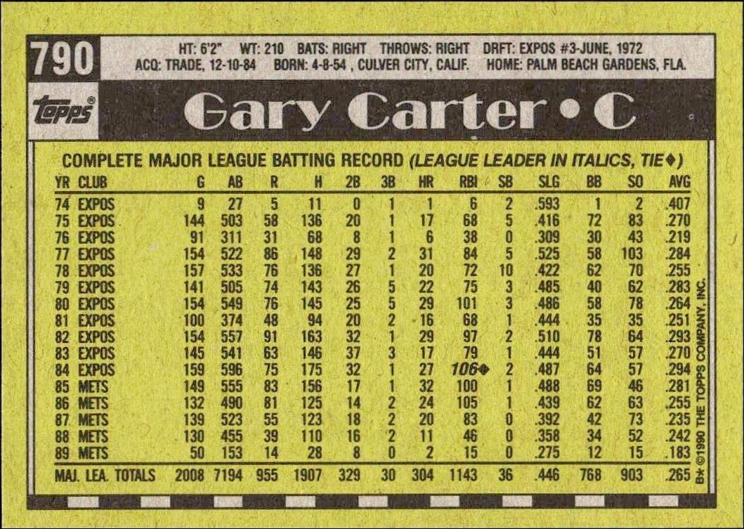 1990 Topps Gary Carter #790 baseball trading card back