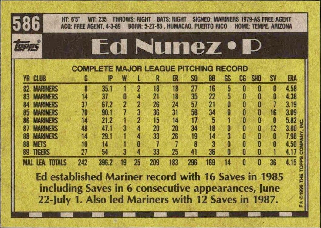 1990 Topps Ed Nunez #586 baseball trading card back