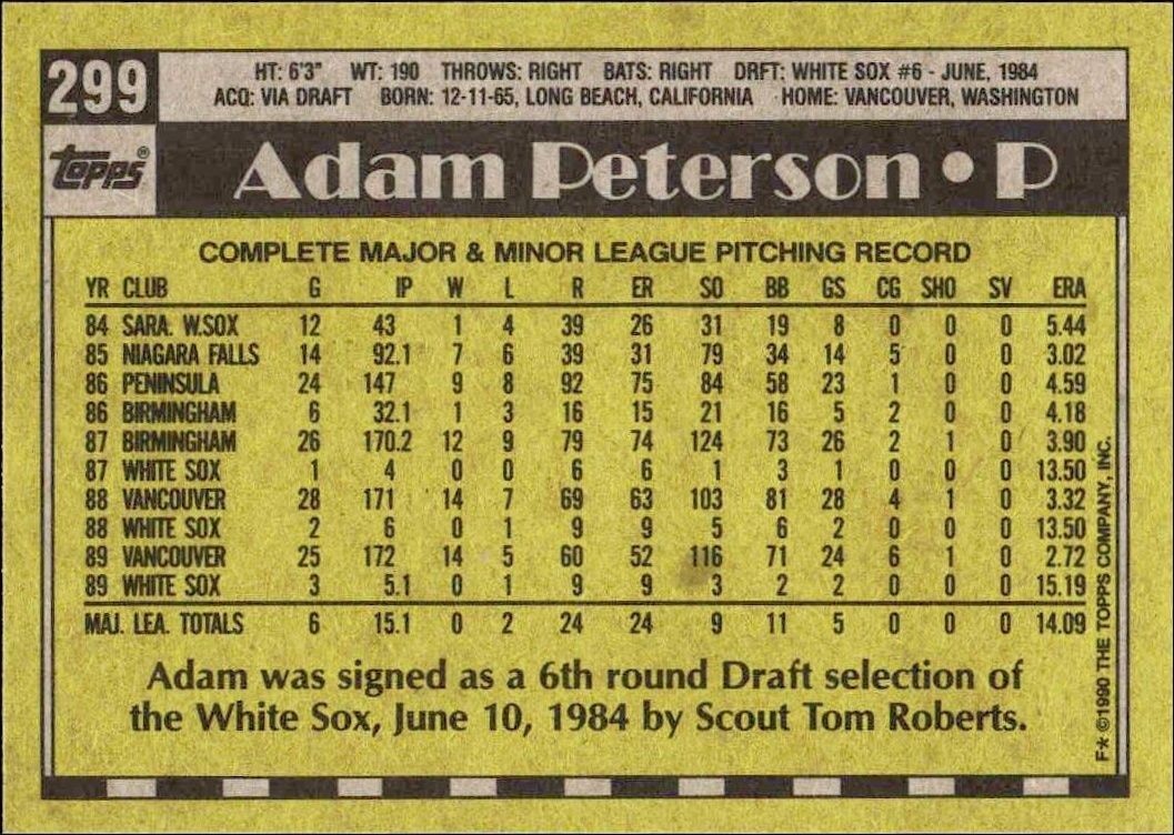 1990 Topps Adam Peterson #299 baseball trading card back