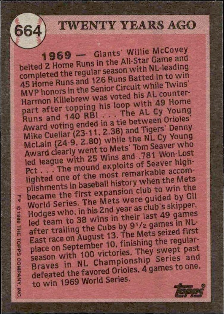 1989 Topps Gil Hodges #664 baseball trading card back
