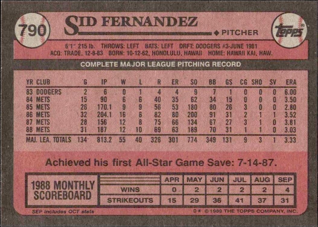 1989 Topps Sid Fernandez #790 baseball trading card back