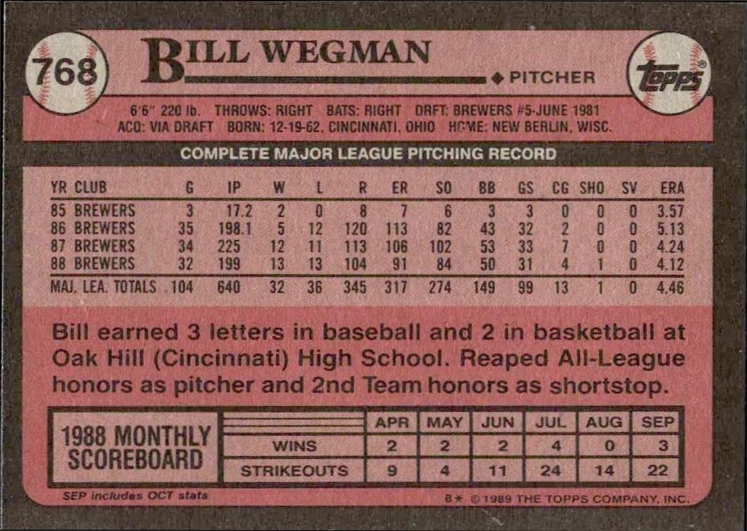 1989 Topps Bill Wegman #768 baseball trading card back